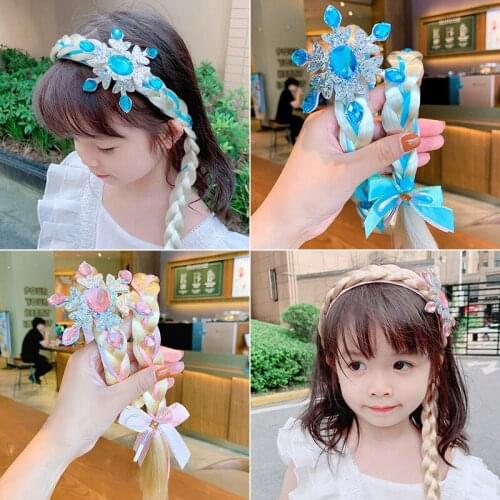 Princess childrens bowknot crown shape headband headdress girls baby wig long braid princess bow hair accessories