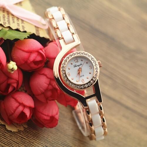Copy ceramic piece alloy metal band,gold plating moon shape case,crystal deco on case,Gerryda fashion woman lady quartz watches