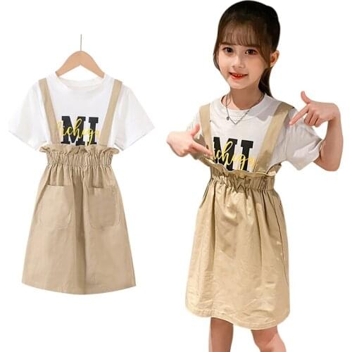 Baby Girls Clothing Sets 2020 Summer Kids Clothes Short Sleeve Print T-shirt Tops+Strap Dress Children Clothing