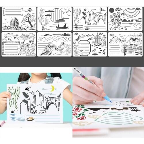 8 Sheets A4 Chinese Style Landscape Series Painting Stencils DIY Hollow Drawing Graffiti Template Ruler Painting Template