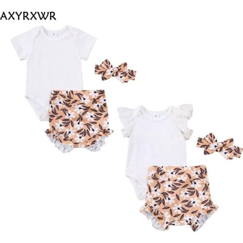 0-24M Cute Newborn Infant Baby Girls Clothes Summer Toddler Kids Fly/Short Sleeve Bodysuits+High Waist Floral Shorts+Headband