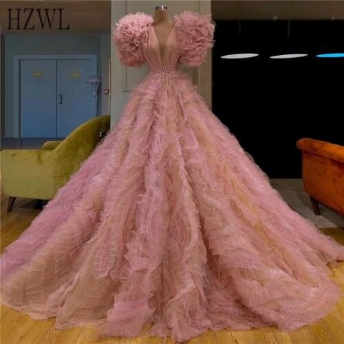 Fashionable Tiered Prom Dresses Deep V-Neck Pink Tulle Turkish Islamic Robe De Soiree 2020 Party Gowns Dubai Long Evening Dress