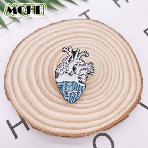 Cartoon creative body organ heart enamel brooch blue wave animal fish whale alloy badge cowboy clothes bag pin cute jewelry gift