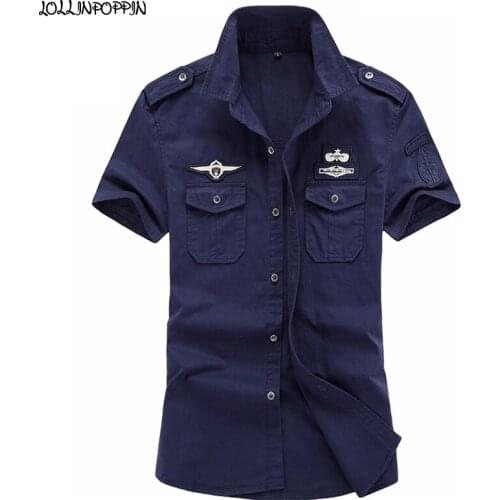 Men Military Style Short Sleeve Shirt With Epaulets 100% Cotton Turn Down Collar Embroidery Badges Mens Army Shirts