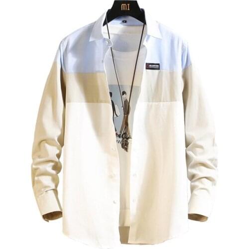 2021 New Mens Spring and Autumn Long-sleeved Striped Shirt Business Loose Stitching Shirt Mens Japanese Style Simple Top