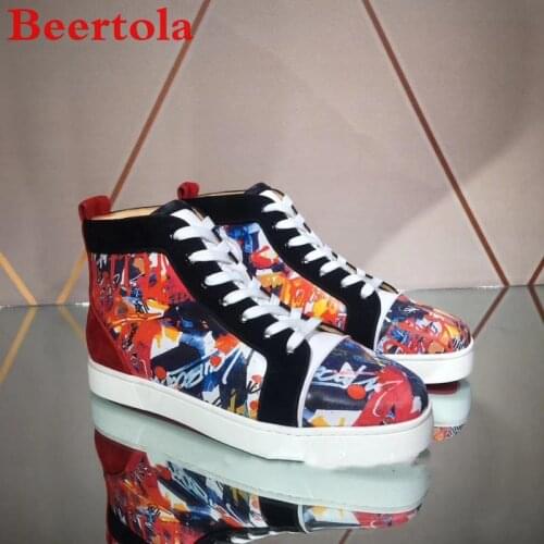 Beertola New Flats Shoes Men Patent Leather Mixed Color Graffiti Luxury High Top Casual Men Shoes Patchwork Cool Boys Chaussures