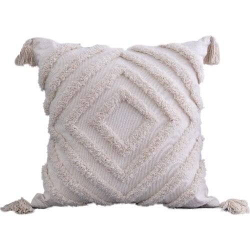 Boho Tufted Throw Pillow Cover with Handwoven Stripes Tassel Home Decor Handmade