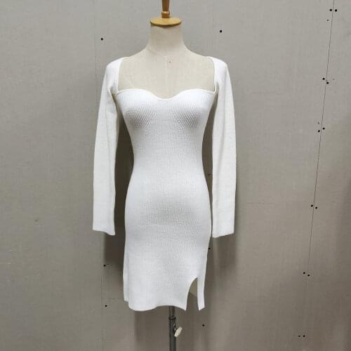 New 2021 retro square neck knitted mini dress Womens Long sleeve bodycon white side split autumn dress Winter ladies basic