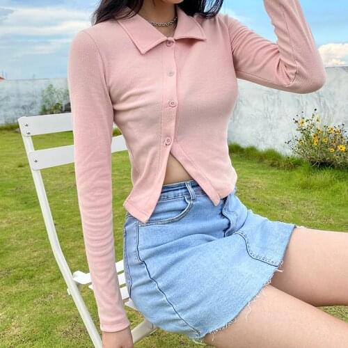 SEASONS Ribbed Knitted Harajuku Crop Top Women Streetwear Solid Turn Down Collar T-shirt Buttons Cotton Cardigan Tops ASTS81952