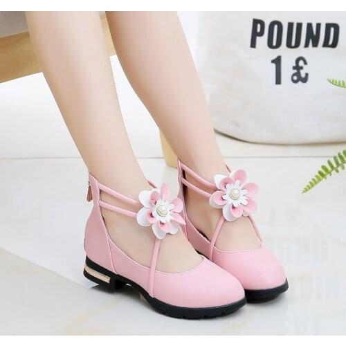 Skoex Childrens Fashion Casual Shoes Girls Solid Color Flower Princess Pu Leather Shoes Summer New Breathable Big Kids Shoe