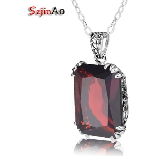 Szjinao Lxuxry European Women 925 Sterling Silver Vintage Pendants Square Stone Garnet Pendant Necklace Fine Jewelry Women Gifts