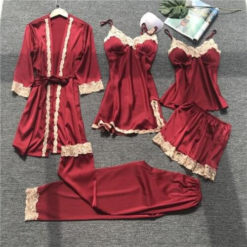Womens Pajamas Sexy nightdress 5Pcs Sets Korean Sling Robe Nightwear Home Clothes with Chest Pads Nightgown Thin Sleepwear