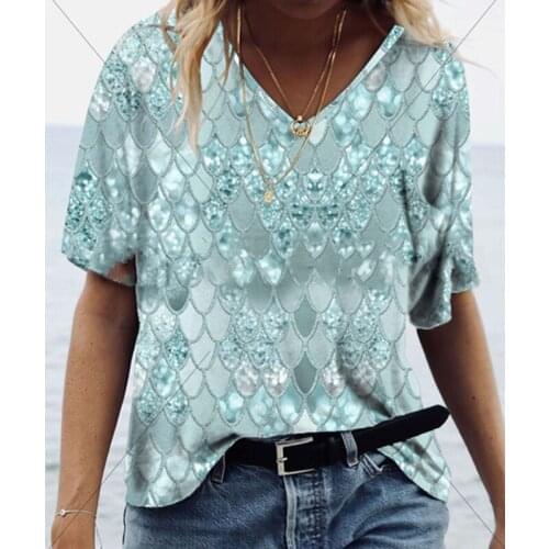 Womens Casual Print V-Neck Short Sleeves Shirt Tops Female Clothing Summer Beach Elegant Pullover Loose Fashion Lady Streetwear