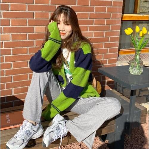 Green Wide Striped Knitted Jacket Women Cardigan Matching V-neck Wild Casual Vintage Short Top Pull Femme Korean Fashion Clothes