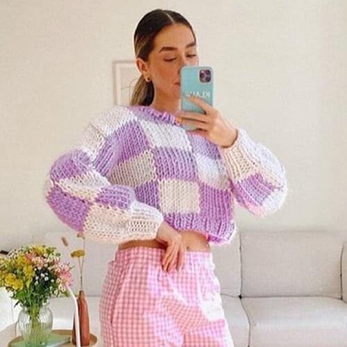 2021 New Autumn Checkered Contrast Color Long Sleeve Wool Pullover Top Fashion Casual Vintage Loose Knitting Womens Sweater