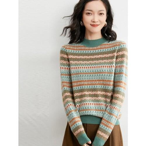 Autumn Winter Half High Collar National Style Retro Jacquard,Pure Wool Pullover,Womens Knitted Sweater,Thicker,Loose Large Size