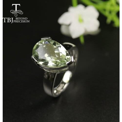 TBJ,Natural Green amethyst gemstone Ring pear 10*15mm bezel setting jewelry 925 sterling silver gift for women lady elegant