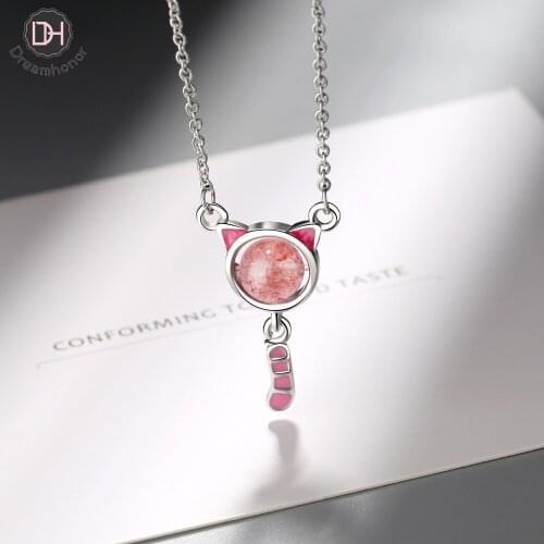 Dreamhonor 925 Sterling Silver Chain Necklaces Pink Crystal Strawberry Quartz Cat Pendant Necklaces Jewelry