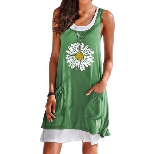 Women Summer Casual Loose Dress Patchwork With Pockets O-Neck Sleeveless Flower Print Mini Dress for Streetwear Fashion Clothing