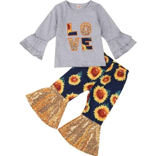 Toddler Kids Girls Clothes Sets 2pcs Love Leopard Print Long Sleeve Pullover Tops Flare Pants
