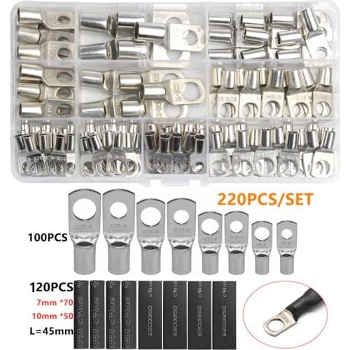 220Pcs Assortment Copper Lug Ring Car Battery Terminals Electrical Wire Crimp Connector With Cover Automotive Kits