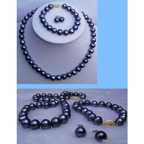 8-9mm Real Natural Black Cultured Pearl Necklace Bracelet Earrings Jewelry Set>>> Free shipping