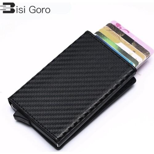 BISI GORO 2020 Magnet Carbon Fiber Coin Purse New Aluminum Box Card Wallet RFID Credit Card Holder PU Leather Pop Up Card Case