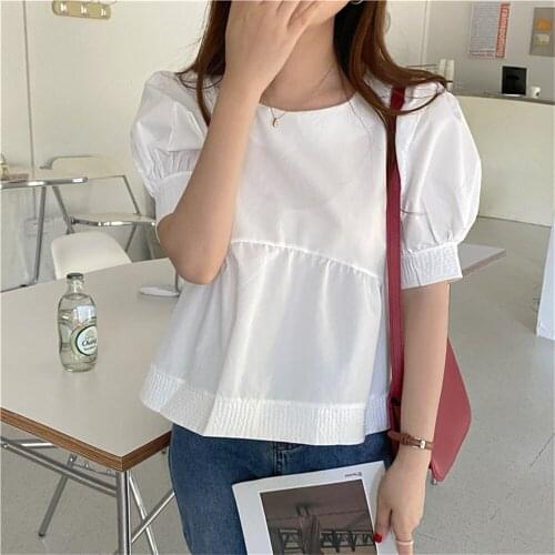 2021 White Puff Sleeve Shirt Korean O-Neck Loose-Fitting OL Summer Short Sleeve Pure Color High Waist Slim Blouses