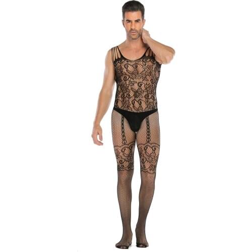 Men Sexy Lingerie Mesh Open Crotch Bodystocking Transparent Bodysuit Erotic Catsuit Bodycon Black Nylon Fishnet Stockings Sissy