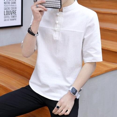 DYB&ZACQ New Mens Cotton Linen Shirts Chinese Style Male Vintage Short Sleeve Loose Linen Shirt Solid Color Tops Shirt M-5XL