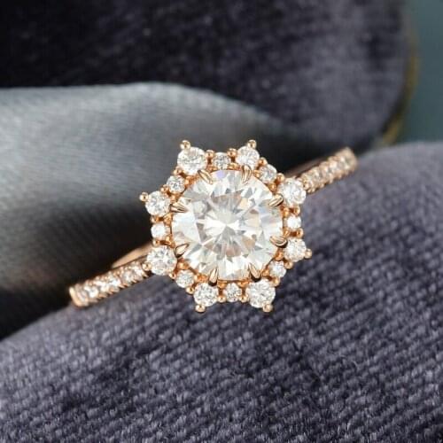 EDI Art Deco Snowflake Ring 14k Rose Gold Lab Grown Moissanites Halo Engagement Ring Romantic Bridal Anniversary Jewelry