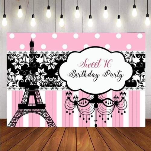 Sweet 16 Backdrop Pink Paris Eiffel Tower Girls Happy Birthday Party Photography Background Photo Studio Supplies Decor Banner