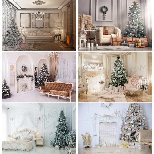 Merry Christmas Photocall Indoor Xmas Tree Flowers Gift Fireplace Photo Backgrounds Photographic Backdrop for Photo Studio Decor
