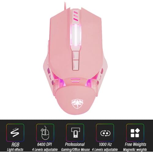 Ergonomic Pink Gaming Mouse Computer-Mice Wired Laptop Usb-Cable Optical Free Weights Mouse Professional Mouse Gamer 6400DPI