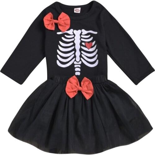 2019 Children Clothing Set Full sleeve O-Neck T shirt Appliques Skull Skirt Halloween Outfit 2PCS Set Toddler Baby Girls Clothes