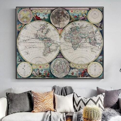 Colourful Vintage World Map Canvas Painting On Wall Art Posters And Prints Retro Home Decor Frame Picture For Living Room