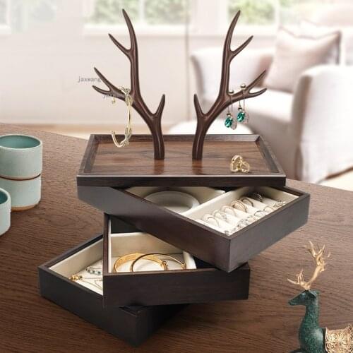 Japanese Style Solid Wood Earrings Necklace Multi-layer Storage Box Dressing Table Rings Jewelry Organizer Bangles Makeup Case