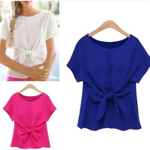 Fashion Summer Women Batwings Bowknot Blouses O-Neck Short Sleeve Shirts Casual Chiffon Slim Tees Tops Plus Size Oversize 3XL