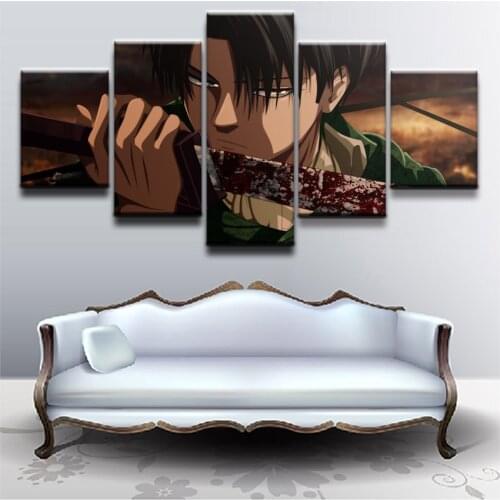 Home Decor Modular Pictures Canvas Print Painting 5 Panels Attack On Titan Blood Levi Ackerman Sword Posters Wall Art Boys Room