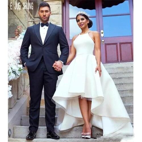 E JUE SHUNG Simple Tiered Wedding Dresses Halter Sleeveless Zipper Back High Low Wedding Bridal Gowns Stain Vestido De Noiva