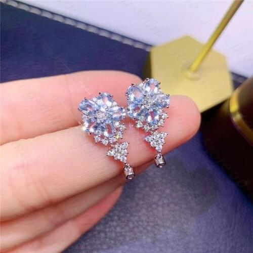 New 925 silver inlaid natural aquamarine earrings, simple and elegant, gem size 3*4mm