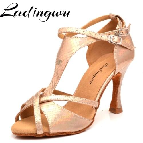 Ladingwu Dance Shoes Woman Latin Discoloration Snake texture Gold PU Salsa Dance Shoes 9cm Cuban Heel Tango Professional Shoes