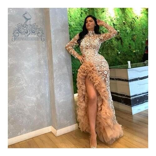 See Thru High Neck Lace Evening Dress Charming Side Split Tiered Ruffles Tulle Prom Gowns Robe De Soiree Formal Party Gown