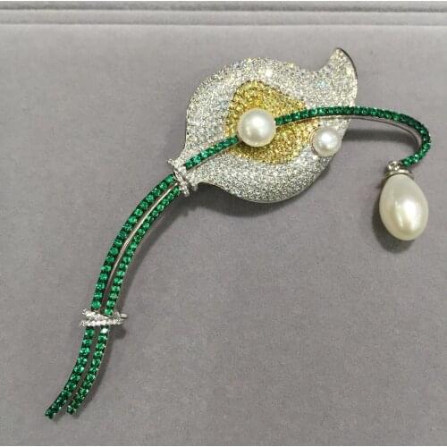 Fine jewelry natural fresh water pearl brooch pins 925 sterling silver spathiphyllum kochii brooch plant free shipping