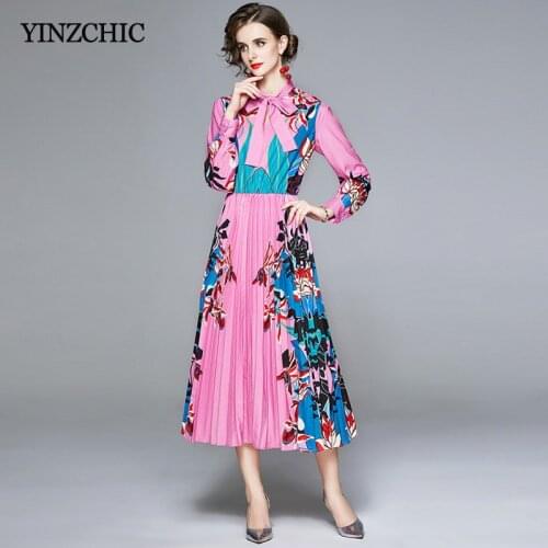 New Woman Pleated Skirt Autumn Female Causal Print Elegant Dress Bow-neck Slim Full Sleeve Femme Vestidos Floral Pink Skirt