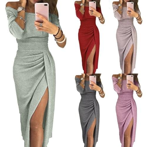 Women Elegant Maxi Dress Party Sexy Long Sleeve Shiny Off Shoulder Ruched Thigh Slit Bodycon Dress Fashion Slim Dress Vestidos