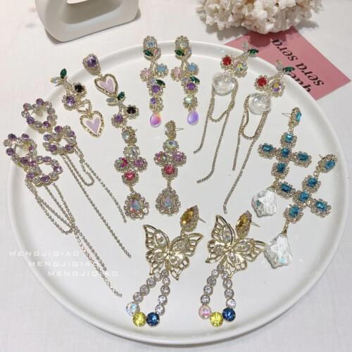 MENGJIQIAO Wholesale Korean Luxury Bling Crystal Heart Long Rhinestone Tassel Drop Earings For Women Elegant Pendientes Jewelry