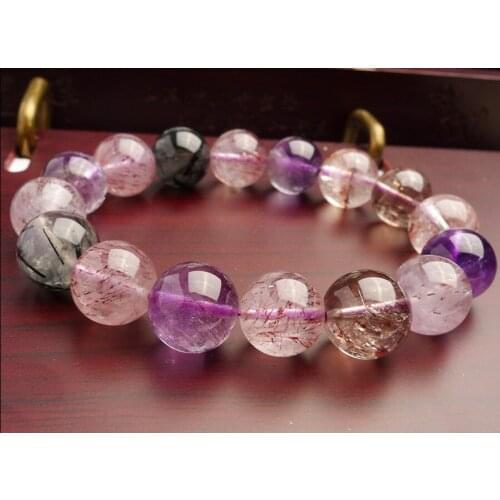 13.5mm Colorful Natural Rutilated Quartz Bracelets For Women Female Stretch Crystal Super Seven Melody Stone Round Bead Bracelet
