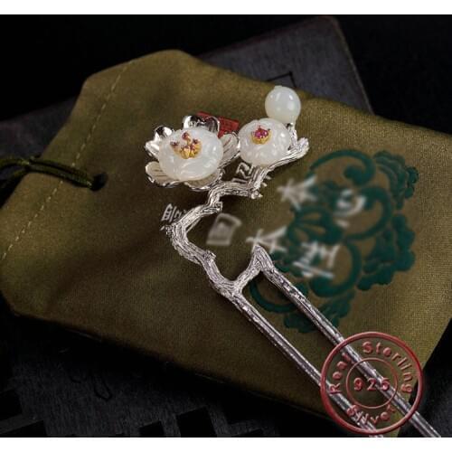 Amxiu Precious Natural Stone 925 Sterling Silver Hair Sticks Handmade Flower Hair Combs Hairpins For Women Girls Accessories