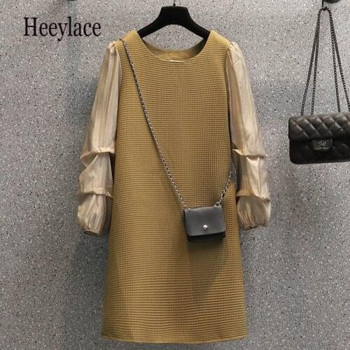Plus Size Women Elegant Dresses Autumn Lantern Long Sleeve Patchwork Knitted Dresses Female French Vintage Elegant Vestidos 4XL